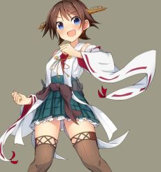 Rule 34 | &gt;:d, 10s, 1girl, :d, blue eyes, brown hair, cowboy shot, detached sleeves, frilled skirt, frills, grey background, hairband, hiei (kancolle), kantai collection, looking at viewer, md5 mismatch, metindone, no legwear, nontraditional miko, open mouth, resized, ribbon-trimmed sleeves, ribbon trim, sash, short hair, simple background, skirt, smile, solo, thighhighs, v-shaped eyebrows, wide sleeves, zettai ryouiki