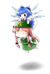 Rule 34 | 2girls, :&lt;, bad id, blue hair, blush, bow, braid, chibi, china dress, chinese clothes, cirno, dress, closed eyes, flying, frown, hair bow, hat, highres, hong meiling, long hair, multiple girls, open mouth, red hair, short hair, sleeping, embodiment of scarlet devil, touhou, twin braids, wings, yume shokunin