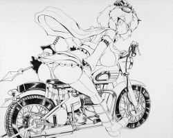 Rule 34 | 1girl, adapted costume, ass, bare shoulders, bent over, bishamonten&#039;s pagoda, blush, boots, breast rest, breasts, detached sleeves, female focus, goggles, goggles on head, greyscale, knee boots, large breasts, looking back, monochrome, motor vehicle, motorcycle, okiraku nikku, panties, revealing clothes, shawl, shikishi, solo, toramaru shou, touhou, traditional media, underwear, vehicle