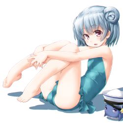 Rule 34 | 1girl, aqua one-piece swimsuit, ass, bad id, bad pixiv id, barefoot, blue hair, blush, casual one-piece swimsuit, dd (ijigendd), dixie cup hat, double bun, flat chest, hair bun, hat, kantai collection, looking at viewer, military hat, one-piece swimsuit, open mouth, purple eyes, samuel b. roberts (kancolle), shadow, short hair, simple background, sitting, smile, swimsuit, whale, white background, white hat