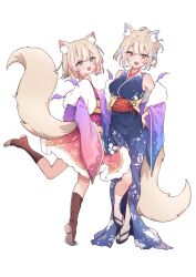 Rule 34 | 2girls, :d, absurdres, airenif, alternate costume, animal ear fluff, animal ears, blonde hair, blue eyes, blue hair, boots, commentary, dog ears, dog girl, dog tail, english commentary, flat chest, floral print, floral print kimono, full body, fur-trimmed kimono, fur trim, fuwawa abyssgard, hair bun, hand on own hip, highres, hololive, hololive english, japanese clothes, kimono, long sleeves, looking at viewer, mococo abyssgard, multicolored hair, multiple girls, obi, off shoulder, open mouth, pink eyes, pink hair, sandals, sash, short hair, short kimono, siblings, simple background, sisters, smile, socks, standing, standing on one leg, streaked hair, tabi, tail, tiptoes, twins, virtual youtuber, white background, white socks, wide sleeves, zouri
