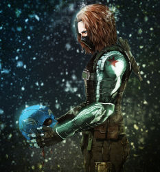Rule 34 | 1boy, animification, brown hair, captain america: the winter soldier, captain america (series), captain america the winter soldier, cyborg, half mask, helmet, holding, holding helmet, james buchanan barnes, lxy67626787, male focus, marvel, marvel cinematic universe, mask, mechanical arms, mouth mask, single mechanical arm, snow, snowing, solo, tooot, winter soldier