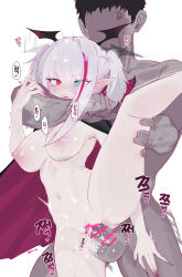 1boy 1girl absurdres anger_vein artist_name black_cape blue_eyes blush breasts cape commentary dark-skinned_male dark_skin english_commentary eonsang faceless faceless_male fangs fingernails girls&#039;_frontline head_wings hetero heterochromia highres holding_another&#039;s_leg large_breasts leg_lift mdr_(girls&#039;_frontline) multicolored_hair naked_cape navel nipples parted_lips penis pink_eyes pink_hair pointy_ears pussy sharp_fingernails simple_background stomach streaked_hair testicles translation_request twitter_username two-tone_hair vaginal white_background wings