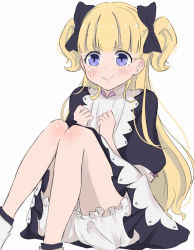 Rule 34 | 1girl, apron, blonde hair, bloomers, blue bow, blue eyes, blush, bow, commentary request, emilico (shadows house), feet out of frame, hair bow, highres, jkgg5542, long hair, looking at viewer, maid, maid apron, puffy short sleeves, puffy sleeves, shadows house, shirt, short sleeves, skirt, smile, solo, two side up, underwear, very long hair, white background