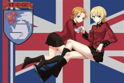 Rule 34 | 10s, 2girls, all fours, black footwear, black skirt, blonde hair, blue eyes, boots, braid, closed mouth, crossed legs, cup, darjeeling (girls und panzer), emblem, flag background, full body, girls und panzer, holding, jacket, knee boots, looking at viewer, looking back, military, military uniform, miniskirt, multiple girls, orange hair, orange pekoe (girls und panzer), parted bangs, parted lips, red jacket, short hair, sitting, skirt, smile, st. gloriana&#039;s (emblem), teacup, thorn (ashthorn), twin braids, uniform, union jack