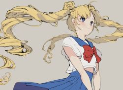 Rule 34 | 1girl, asymmetrical bangs, bishoujo senshi sailor moon, blonde hair, blue eyes, blue skirt, blush, bow, bowtie, closed mouth, commentary, double bun, grey background, hair bun, highres, long hair, looking to the side, nachoz (nachozart), red bow, red bowtie, sailor collar, school uniform, shirt, short sleeves, simple background, skirt, smile, solo, standing, symbol-only commentary, tsukino usagi, twintails, white shirt