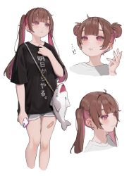 Rule 34 | !, !!, 1girl, absurdres, animal bag, bandaid, bandaid on leg, bare legs, black shirt, blunt bangs, blush, brown hair, colored inner hair, commentary request, cropped legs, double bun, ear piercing, earrings, hair bun, hamunezuko (nezukonezu32), hand up, highres, holding, holding phone, jewelry, mole, mole under eye, multicolored hair, multiple views, original, phone, piercing, pink eyes, pink hair, shark bag, shirt, shorts, simple background, smile, t-shirt, translated, twintails, white background