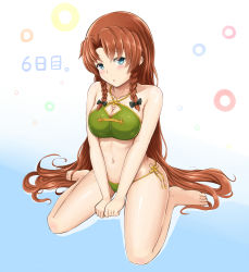 Rule 34 | 1girl, bare shoulders, barefoot, bikini, blue background, blush, braid, breasts, cleavage, cleavage cutout, clothing cutout, curvy, embarrassed, feet, gradient background, green bikini, highres, hip focus, hong meiling, kneeling, large breasts, long hair, red hair, side-tie bikini bottom, simple background, sitting, solo, stomach, swimsuit, temari rin, thick thighs, thighs, touhou, twin braids, very long hair, white background
