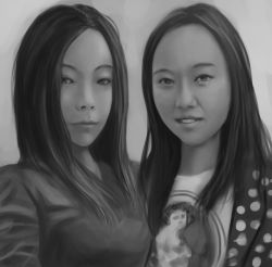 Rule 34 | 2girls, asian, bad id, bad pixiv id, eyebrows, eyelashes, fla, forehead, greyscale, hair over shoulder, jacket, light smile, lips, long hair, long sleeves, looking at viewer, monochrome, multiple girls, nose, open clothes, open jacket, original, parted bangs, parted lips, realistic, shirt, side-by-side, simple background, smile, upper body