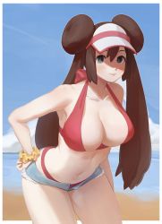 Rule 34 | 1girl, absurdres, bikini, blue eyes, border, breasts, bright pupils, brown hair, cleavage, closed mouth, cloud, collarbone, commentary, cowboy shot, creatures (company), day, double bun, eyelashes, game freak, grey shorts, hair bun, highres, large breasts, leaning forward, long hair, looking at viewer, navel, nintendo, obychny, outdoors, pokemon, pokemon bw2, red bikini, rosa (pokemon), sand, scrunchie, shore, short shorts, shorts, sky, smile, solo, standing, swimsuit, twintails, visor cap, water, white border, wrist scrunchie