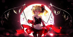 Rule 34 | 1girl, bat wings, blonde hair, bow, card, fang, finger to mouth, flandre scarlet, full moon, glowing, hat, highres, jewelry, md5 mismatch, midriff, moon, naughty face, navel, qys3, red eyes, resolution mismatch, short hair, side ponytail, sky, smile, solo, source larger, star (sky), starry sky, thighhighs, touhou, wings