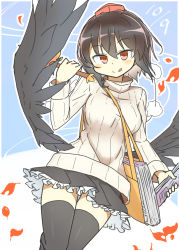 Rule 34 | 1girl, :q, bag, bird wings, black hair, black skirt, black thighhighs, black wings, blue background, closed mouth, cowboy shot, dated, hand fan, hat, hauchiwa, holding, holding fan, holding newspaper, leaf, leaf print, long sleeves, looking at viewer, maple leaf, matsu kitsune, miniskirt, newspaper, one-piece swimsuit, pom pom (clothes), red eyes, red hat, shameimaru aya, short hair, shoulder bag, skirt, smile, solo, standing, sweater, swimsuit, thighhighs, tokin hat, tongue, tongue out, touhou, white one-piece swimsuit, white sweater, wings