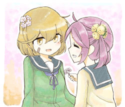 Rule 34 | 10s, 2girls, :d, bandaid, bandaid on face, brown eyes, brown hair, cardigan, cherry blossoms, cink-knic, dandelion, closed eyes, fang, flower, grin, hair between eyes, hair flower, hair ornament, kantai collection, multiple girls, oboro (kancolle), open mouth, pink hair, sazanami (kancolle), school uniform, serafuku, short hair, simple background, smile, twintails