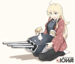 Rule 34 | 16-inch/50-caliber mark 7 gun, 3girls, ahoge, anchor print, artillery, blonde hair, blue eyes, blue shirt, breasts, casual, character name, fairy (kancolle), full body, glasses, hair ornament, hairclip, hanten (clothes), hat, iowa (kancolle), japanese clothes, kantai collection, lab coat, large breasts, long hair, long sleeves, multiple girls, naval artillery, naval gun, neckerchief, open mouth, pants, ponytail, red-framed eyewear, red footwear, sailor hat, school uniform, seiza, serafuku, shadow, shigino sohuzi, shirt, shoes, sitting, smile, socks, standing on object, star-shaped pupils, star (symbol), sweatpants, symbol-shaped pupils, turret, wide sleeves, yellow background