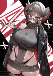 1girl absurdres alternate_costume black_hair black_jacket black_panties breasts closed_mouth glasses goddess_of_victory:_nikke hair_ornament highleg highleg_panties highres holding holding_smoking_pipe jacket jacket_on_shoulders large_breasts leather leather_jacket looking_at_viewer medium_hair panties red_eyes sakura_(nikke) smoking_pipe solo teddypocky underwear zozotown