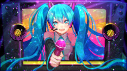 Rule 34 | 1girl, blue hair, clenched hand, crying, crying with eyes open, hatsune miku, headphones, highres, holding, holding microphone, kakitsubata anko, long hair, microphone, tears, television, through medium, through screen, twintails, vocaloid