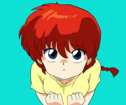 Rule 34 | 1girl, blue eyes, braid, cyocomi3, from above, gender request, genderswap, looking at viewer, looking up, official style, ranma-chan, ranma 1/2, red hair, saotome ranma, simple background, single braid, solo