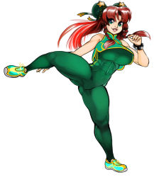Rule 34 | 1girl, abs, alternate costume, alternate hairstyle, bodysuit, bracelet, braid, breasts, bun cover, capcom, chinese clothes, chun-li, chun-li (cosplay), cosplay, cropped jacket, double bun, elazuls-core, female focus, green eyes, high kick, hong meiling, jewelry, kicking, large breasts, lipstick, long hair, makeup, red eyes, red hair, shoes, skin tight, smile, sneakers, solo, spiked bracelet, spikes, star (symbol), street fighter, street fighter zero (series), touhou, twin braids, twintails, white background