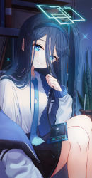 Rule 34 | 1girl, absurdres, aris (blue archive), blue archive, blue eyes, blue hair, bookshelf, commentary request, dark blue hair, game console, hair between eyes, hairband, halo, highres, jacket, lnji (rnlwls34), long hair, long hair between eyes, looking at viewer, necktie, school uniform, smile, solo, sparkle
