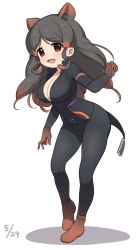 Rule 34 | 1girl, :d, animal ears, black hair, breasts, brown eyes, catsuit, dated, extra ears, full body, gradient hair, highres, hippopotamus (kemono friends), hippopotamus ears, kemono friends, large breasts, long hair, looking at viewer, multicolored hair, open mouth, ransusan, red hair, sidelocks, simple background, smile, solo, standing, tail, white background