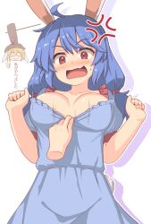 Rule 34 | 2girls, anger vein, animal ears, blonde hair, blue dress, blue hair, blush, breasts, brown headwear, cabbie hat, dress, earclip, hat, highres, kine, large breasts, long hair, mallet, multiple girls, open mouth, rabbit ears, red eyes, ringo (touhou), seiran (touhou), shiratsuki shiori, short hair, short sleeves, simple background, solo focus, touhou, white background