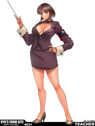 Rule 34 | 1girl, armband, blue eyes, breasts, brown hair, cleavage, collar, high heels, jewelry, large breasts, legs, open clothes, pencil skirt, ring, ryu (ryu&#039;s form site), shoes, short hair, skirt, solo, teacher, wand