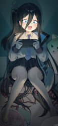 Rule 34 | 1girl, absurdly long hair, absurdres, aris (blue archive), black c (net dust), black hair, black hairband, black skirt, blue archive, blue eyes, blue necktie, blush, collared shirt, fang, hairband, handheld game console, highres, holding, holding handheld game console, jacket, long hair, long sleeves, necktie, one side up, open mouth, playing games, pleated skirt, shirt, signature, skin fang, skirt, solo, two-sided fabric, two-sided jacket, very long hair, white jacket, white shirt
