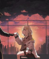 Rule 34 | 1girl, 1other, absurdres, ahoge, arknights, black coat, black gloves, black skirt, cityscape, coat, collared shirt, commentary request, cropped torso, doctor (arknights), dusk, from side, gloves, grey shirt, hair ornament, highres, jacket, korean commentary, long sleeves, looking at another, necktie, open clothes, open jacket, outdoors, polyvora, red neckwear, scene (arknights), shirt, short hair, sitting, skirt, star (symbol), star hair ornament, white jacket, white shirt, yellow eyes