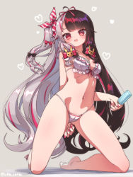 Rule 34 | 1girl, arm behind back, artist name, bikini, black hair, bow, breasts, cameltoe, cleft of venus, commentary request, food, frilled bikini, frills, full body, hair bow, hair ornament, hair ribbon, heart, highres, holding, holding food, jacket, kneeling, long hair, looking at viewer, medium breasts, multicolored hair, nail polish, navel, nijisanji, one side up, open clothes, open jacket, open mouth, pink bow, pink nails, popsicle, rabbit hair ornament, red eyes, ribbon, silver hair, simple background, solo, stomach, streaked hair, striped ribbon, swimsuit, utm iota, very long hair, virtual youtuber, white bikini, yorumi rena, yorumi rena (7th costume)