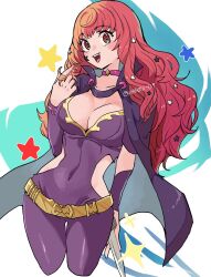 Rule 34 | 1girl, belt, blush, bodysuit, breasts, brown eyes, capelet, choker, cleavage, cleavage cutout, clothing cutout, facial mark, fire emblem, fire emblem engage, hair ornament, highres, holding, holding knife, knife, large breasts, long hair, looking at viewer, makoto 139, medium breasts, nintendo, red hair, smile, solo, star (symbol), star hair ornament, yunaka (fire emblem)