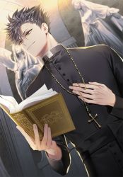 Rule 34 | 1boy, bible (object), black hair, black sash, book, buttons, cassock, closed mouth, collar, cross, cross necklace, haikyuu!!, hand on own chest, hemoon, holding, holding book, holding jewelry, holding necklace, indoors, jewelry, kuroo tetsurou, long sleeves, looking to the side, male focus, necklace, open book, pendant, priest, sash, short hair, smile, solo, spiked hair, standing, statue, turtleneck, wings, yellow eyes