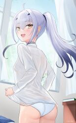 1girl ass blush breasts fate/grand_order fate_(series) grey_choker highres indoors lilith_shall long_hair long_sleeves looking_at_viewer looking_back melusine_(fate) panties ponytail shirt small_breasts smile solo underwear white_hair white_panties white_shirt window yellow_eyes