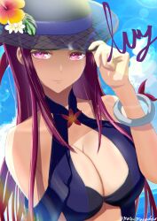 Rule 34 | 1girl, alternate costume, black hat, blue one-piece swimsuit, bracelet, breasts, character name, cleavage, cleavage cutout, closed mouth, clothing cutout, female focus, fire emblem, fire emblem engage, fire emblem heroes, flower, hat, hat flower, highres, ivy (fire emblem), ivy (summer) (fire emblem), jewelry, large breasts, long hair, looking at viewer, matching hair/eyes, matoimangekyo, nintendo, official alternate costume, one-piece swimsuit, purple eyes, purple hair, solo, swimsuit, twitter username