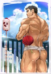 Rule 34 | 1boy, ass, back, bara, brown hair, feet out of frame, fundoshi, highres, japanese clothes, leg hair, looking at viewer, looking back, magatama print, male focus, mature male, muscular, muscular male, original, short hair, sideburns, solo, sweat, thick eyebrows, thick thighs, thighs, tofu (tofulabo), topless male, unfinished