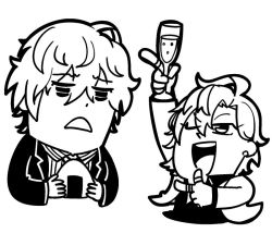 Rule 34 | 2boys, :d, alcohol, arm up, bkub, champagne, champagne flute, cup, drinking glass, ear piercing, earrings, eyes visible through hair, food, frown, greyscale, hair between eyes, holding, holding cup, holding drinking glass, holding food, hypnosis mic, index finger raised, izanami hifumi, jacket, jewelry, kannonzaka doppo, male focus, messy hair, monochrome, multiple boys, onigiri, open mouth, piercing, pointing, ring, shirt, short hair, simple background, single earring, smile, striped clothes, striped shirt, suit jacket, upper body, white background