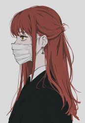 Rule 34 | 1girl, alternate hairstyle, black coat, chainsaw man, coat, covered mouth, earrings, from side, grey background, half updo, highres, jewelry, long hair, makima (chainsaw man), mask, mouth mask, portrait, profile, red hair, simple background, solo, solraka, yellow eyes