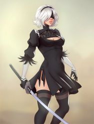 Rule 34 | black blindfold, black dress, black hairband, blindfold, boots, cleavage cutout, clothing cutout, covered eyes, dress, feather-trimmed sleeves, feather trim, gloves, hairband, juliet sleeves, katana, leather, leather boots, long sleeves, nier (series), nier:automata, puffy sleeves, sienna artwork, sword, thigh boots, thighhighs, thighhighs under boots, two-sided dress, two-sided fabric, weapon, white hair, 2b (nier:automata)
