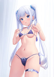 Rule 34 | 1girl, :p, bachibachi (tisen), bare arms, bare shoulders, bikini, blue bikini, blue bow, blue eyes, bow, breasts, choker, collarbone, cowboy shot, curtains, earrings, groin, hair ornament, hair scrunchie, hands up, highres, jewelry, long hair, looking at viewer, medium breasts, micro bikini, navel, o-ring, o-ring bikini, o-ring bottom, original, scrunchie, sidelocks, skindentation, small breasts, solo, stomach, string bikini, swimsuit, thigh strap, thighs, tongue, tongue out, transparent, twintails, very long hair
