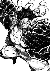 Rule 34 | 1boy, abs, barefoot, black hair, clenched teeth, fighting stance, fukurou (owl222), gear fourth, glowing, glowing eye, haki, highres, looking to the side, monkey d. luffy, monochrome, muscular, one piece, open clothes, open shirt, open vest, pectorals, scar, scar on chest, serious, short hair, steam, stomach, teeth, vest