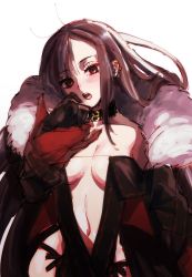 Rule 34 | 1girl, black dress, black gloves, black jacket, blush, breasts, brown hair, center opening, choker, cleavage, collarbone, yu mei-ren (fate), cropped jacket, dress, earrings, fate/grand order, fate (series), fur-trimmed jacket, fur trim, gloves, highres, jacket, jewelry, long hair, long sleeves, medium breasts, multiple earrings, navel, open clothes, open jacket, open mouth, red eyes, ribbon-trimmed dress, seeds328, very long hair