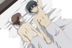 Rule 34 | 00s, 0verflow, 2boys, aftersex, ashikaga yuuki, bed, bed sheet, bedroom, brown eyes, brown hair, cross days, frown, game cg, holding hands, itou makoto, male focus, multiple boys, naked sheet, nipples, nude, school days, stitched, third-party edit, yaoi