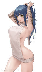 Rule 34 | 1girl, absurdres, armpits, blue hair, blush, borrowed character, breasts, expulse, highres, long hair, looking at viewer, meme attire, nail polish, original, ponytail, sideboob, simple background, solo, tattoo, virgin killer sweater, white background, yellow eyes