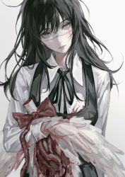 Rule 34 | 1girl, absurdres, animal, bird, black hair, black ribbon, black vest, blood, blood on hands, bow, bucky (chainsaw man), chainsaw man, collared shirt, deadprince, guro, hair between eyes, head tilt, highres, holding, holding animal, holding bird, intestines, long hair, looking at viewer, neck ribbon, parted lips, purple eyes, red bow, ribbon, scar, scar on face, shirt, simple background, vest, white background, white shirt, yoru (chainsaw man)