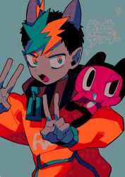 Rule 34 | 1boy, animal ears, bags under eyes, black hair, blue background, character request, clothes writing, creature, double v, highres, lightning bolt symbol, long sleeves, looking at viewer, male focus, menma (enaic31), multicolored hair, open mouth, sharp teeth, short hair, streaked hair, teeth, translation request, two-tone eyes, upper body, v, vocaloid, zipper pull tab