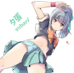 Rule 34 | 10s, 1girl, blunt bangs, bow, bowtie, brown eyes, character name, crop top, from below, green skirt, hair bow, high ponytail, kantai collection, kuromu (underporno), looking down, midriff, navel, no legwear, pleated skirt, sailor collar, school uniform, serafuku, silver hair, simple background, skirt, smile, solo, white background, wristband, yuubari (kancolle)