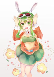 Rule 34 | 1girl, absurdres, animal ears, blush, brooch, detached collar, flower, goggles, goggles on head, green eyes, gumi, hands up, headphones, highres, jacket, jewelry, long sleeves, looking at viewer, navel, open mouth, rabbit ears, rabbit pose, short hair with long locks, skirt, smile, solo, sorami, strapless, tube top, vocaloid