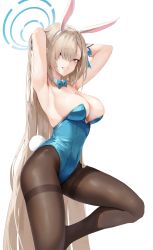 Rule 34 | 1girl, absurdres, animal ears, armpits, arms behind head, arms up, asuna (blue archive), asuna (bunny) (blue archive), bare arms, bare shoulders, black pantyhose, blue archive, blue eyes, blue leotard, bow, bowtie, breasts, brown hair, brown pantyhose, cleavage, covered navel, detached collar, fake animal ears, fake tail, grin, hair over one eye, hairband, halo, highleg, highleg leotard, highres, large breasts, leg up, leotard, leviathan (hikinito0902), long hair, looking at viewer, mole, mole on breast, pantyhose, playboy bunny, rabbit ears, rabbit tail, simple background, smile, solo, strapless, strapless leotard, tail, thighband pantyhose, traditional bowtie, very long hair, white background, wrist cuffs