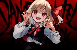 1girl :d black_skirt black_vest blonde_hair claw_pose collared_shirt commentary_request hat hat_ribbon highres long_sleeves looking_at_viewer nail_polish nig_18 open_mouth red_eyes red_nails red_ribbon ribbon rumia sharp_teeth shirt skirt smile solo teeth touhou upper_body upper_teeth_only vest white_shirt