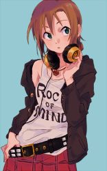 Rule 34 | 1girl, belt, belt buckle, brown hair, buckle, cable, cardigan, clothes writing, cowboy shot, english text, green eyes, headphones, headphones around neck, idolmaster, idolmaster cinderella girls, jewelry, looking to the side, necklace, off shoulder, open cardigan, open clothes, parted lips, plaid, plaid skirt, short hair, simple background, single bare shoulder, skirt, solo, syouyumochi33, tada riina, tank top