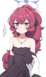 Rule 34 | 1girl, 1other, absurdres, black dress, black gloves, blue archive, blush, closed mouth, collarbone, dress, elbow gloves, gloves, grey eyes, hair between eyes, highres, iroha (blue archive), jewelry, koucha (sr4ez), long hair, looking at viewer, necklace, red hair, simple background, solo focus, white background
